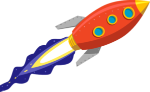 Red cartoon rocket with flaming exhaust